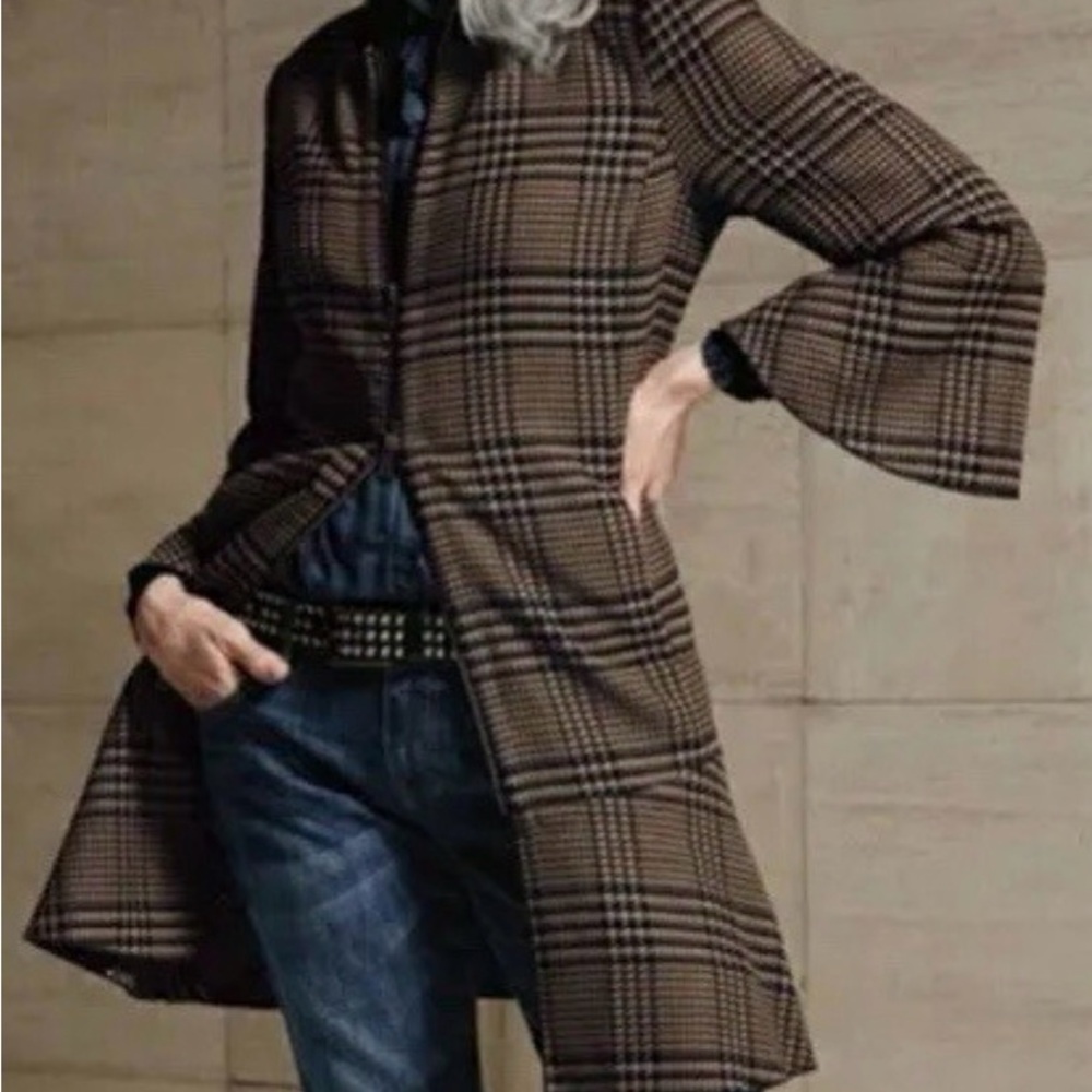 CAbi flounce jacket tartan plaid brown bell sleeve dual zip size L